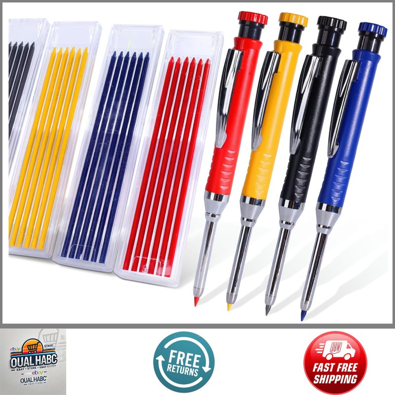 4 Pack Carpenter Pencil Set w/ Sharpener & 28 Refills Heavy Duty Woodworking