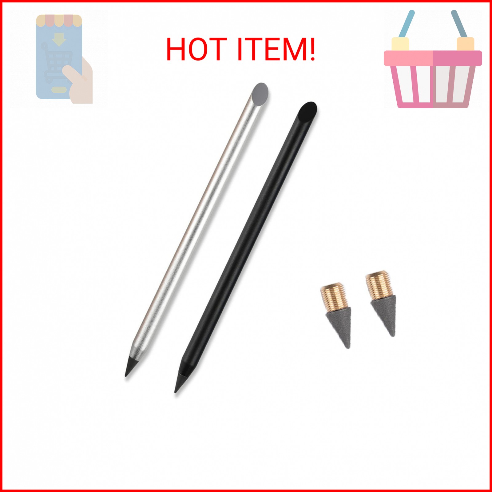 2pcs Metal Inkless Pencil with BONUS 2 Replaceable Nibs, Metal Inkless Pen Erasa