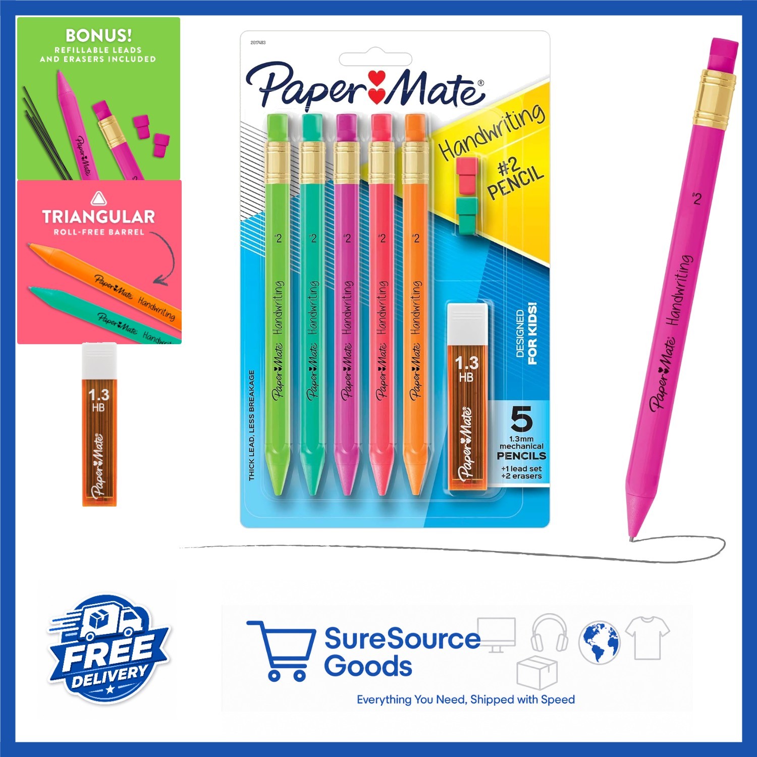 Assorted Color Triangular Mechanical Pencils 1.3mm with Lead & Erasers 8 Count