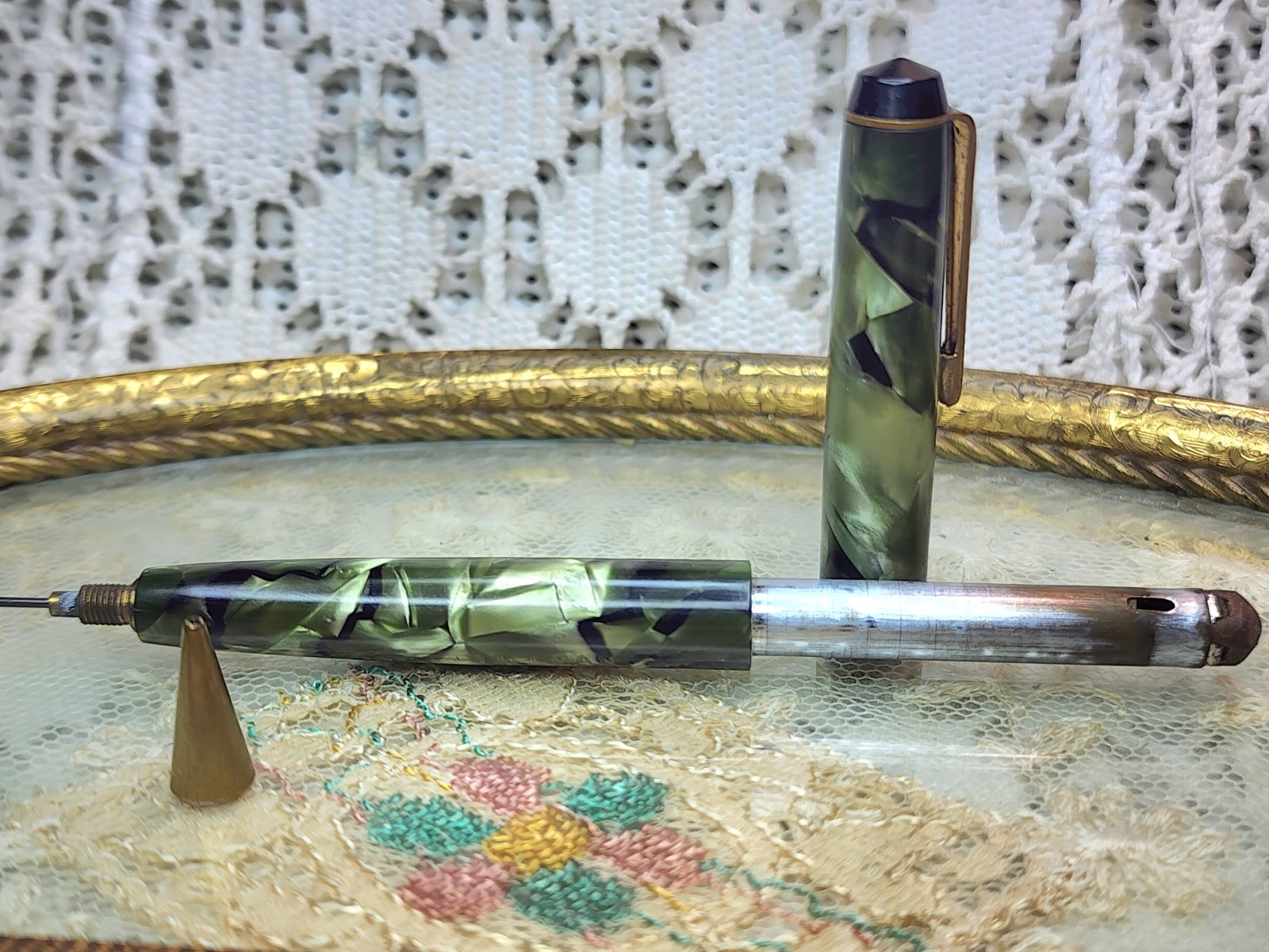 VTG Parker Challenger Pencil== Green Marbled Advertisng Tallman Cadilac Decatur