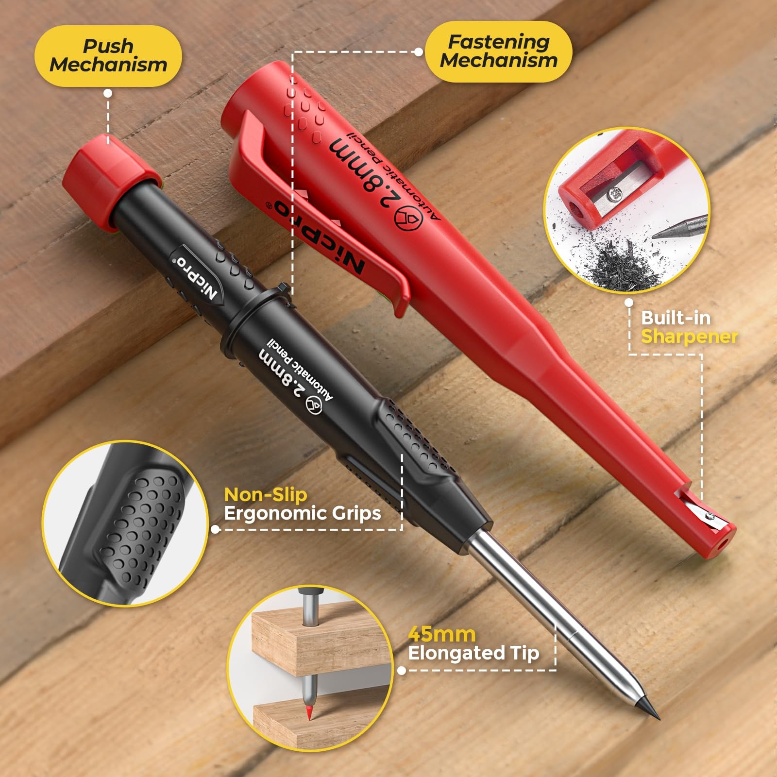 Carpenter Pencil Deep Hole Marker 45mm Tip Construction Woodworking Tool Set Red