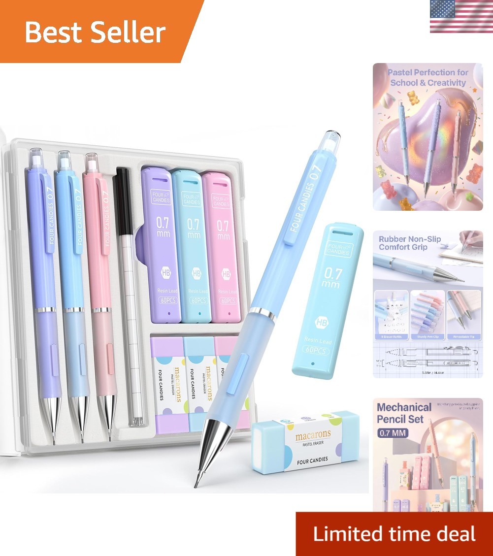 Pastel Mechanical Pencil Set: 3-Pack with Erasers & 9 Refills for Easy Writing