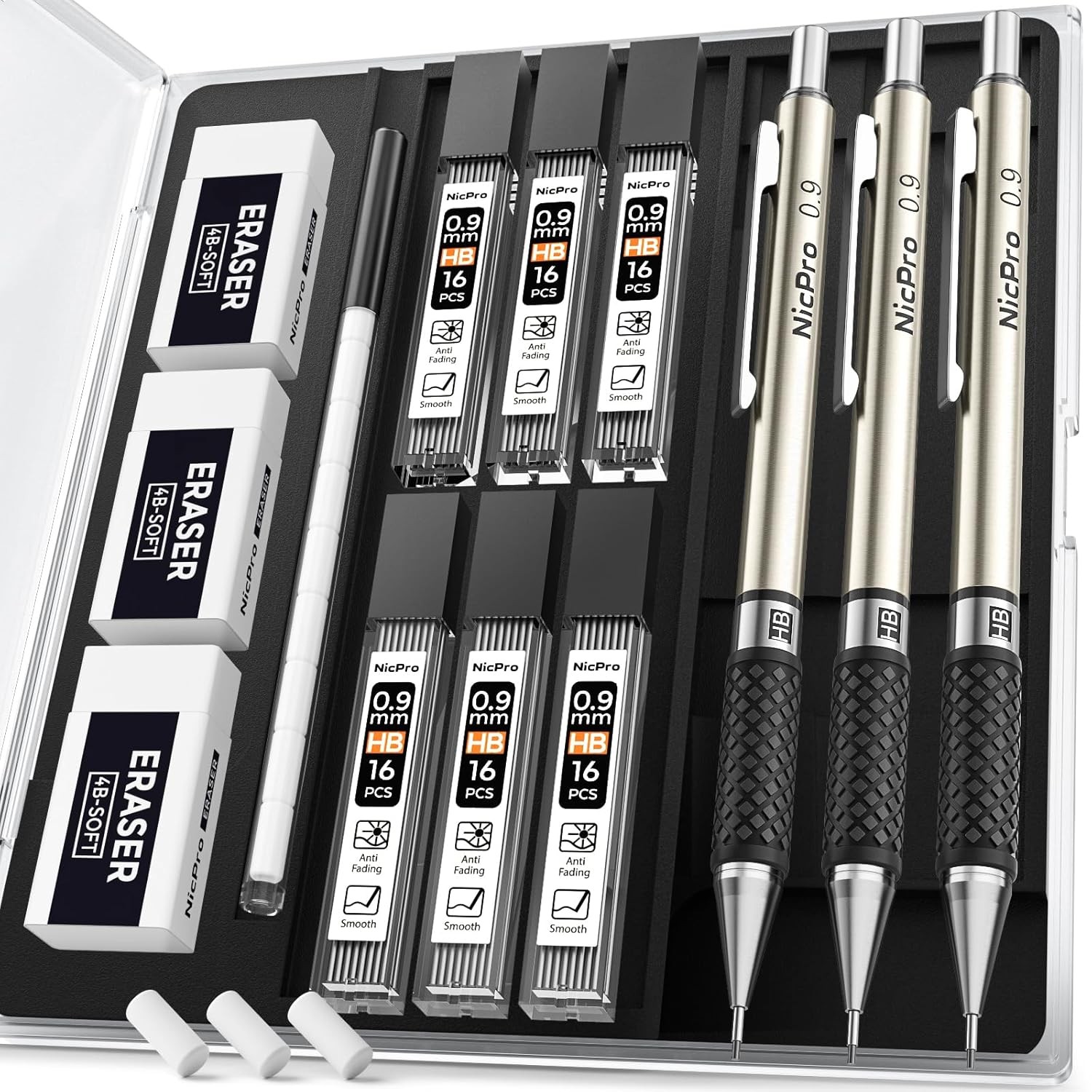 Nicpro 0.9 mm Art Mechanical Pencil Set in Storage Case, 3 PCS | Metal Drafting
