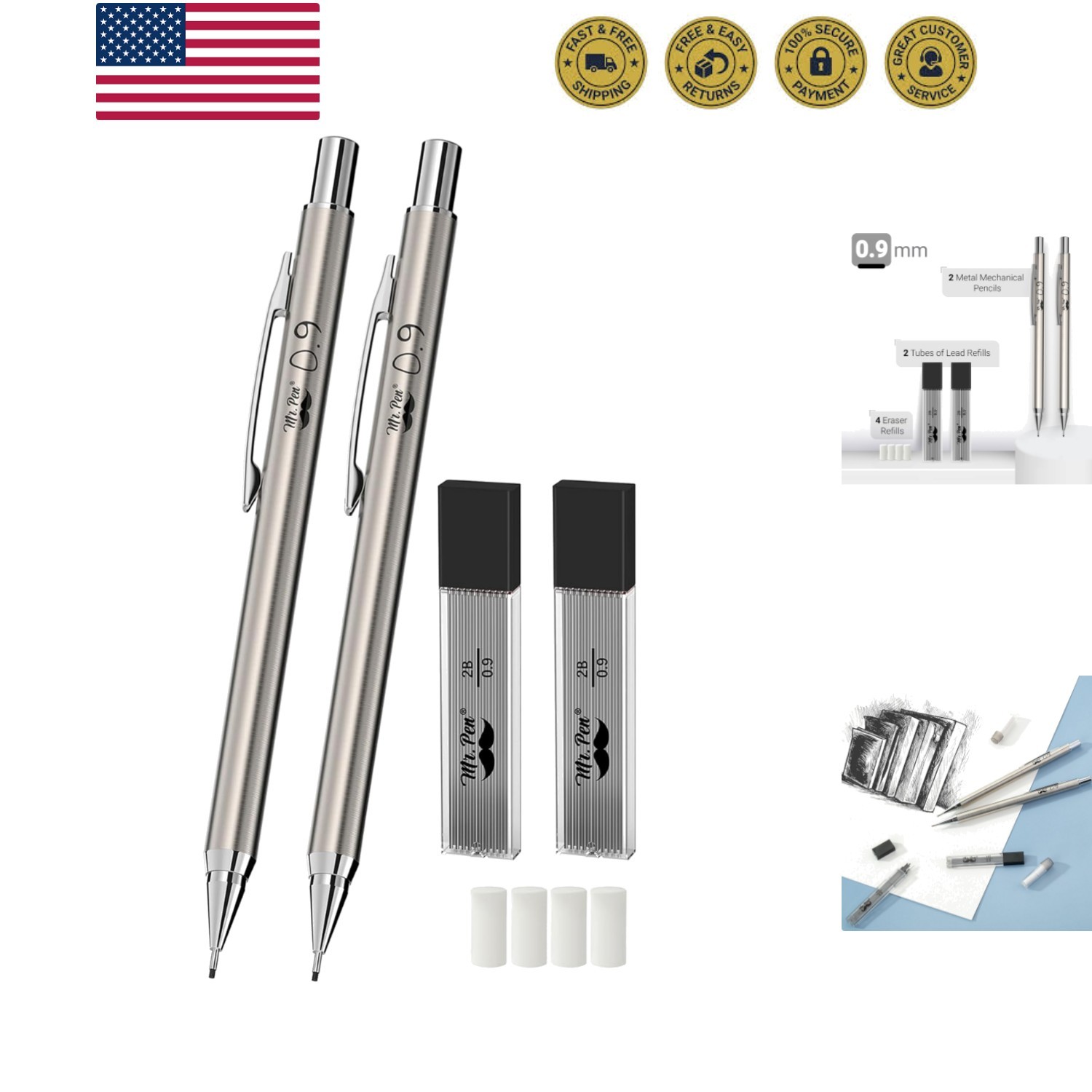Versatile 2-Pack Metal Mechanical Pencils 0.9mm with 4 Lead and Eraser Refills