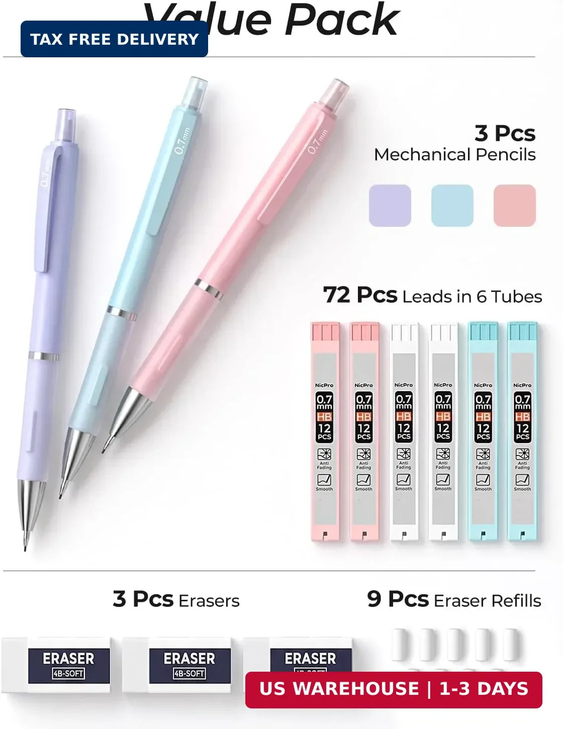 Nicpro 3PCS Cute Mechanical Pencil Set with Case, 0.7 mm Pencils with 6 Tube HB