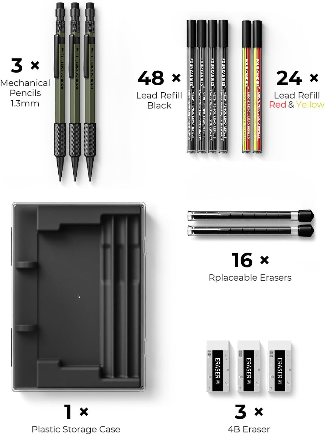 1.3Mm Mechanical Pencil Set with 72 Lead Refill, 3PCS Metal Weatherproof Body He