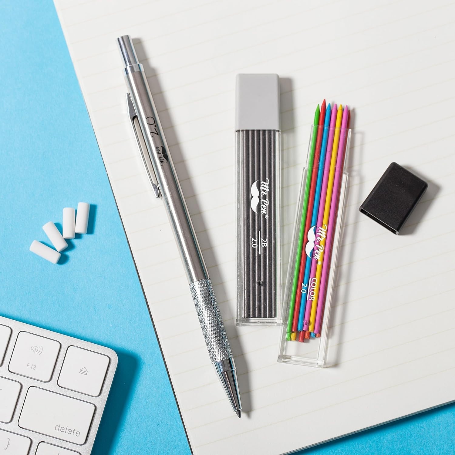 Ergonomic Metal Mechanical Pencil with Colored Lead Refills and Spare Erasers