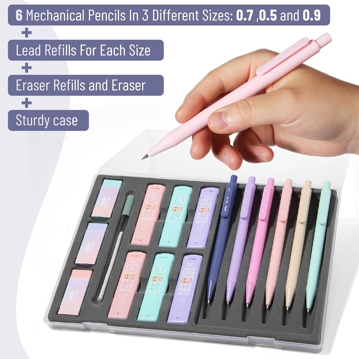 Mr. Pen- Pastel Mechanical Pencil Set 0.5 0.7 & 0.9Mm with Lead Refills & Eraser