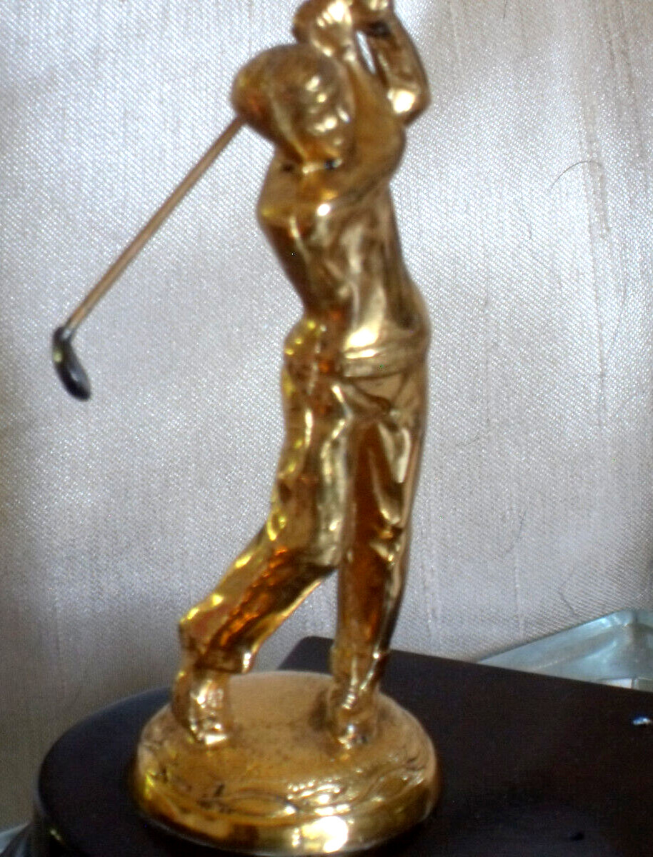 Vintage Dodge Wm A Rogers trophy, golden golfer on Bakelite desk tray notepad