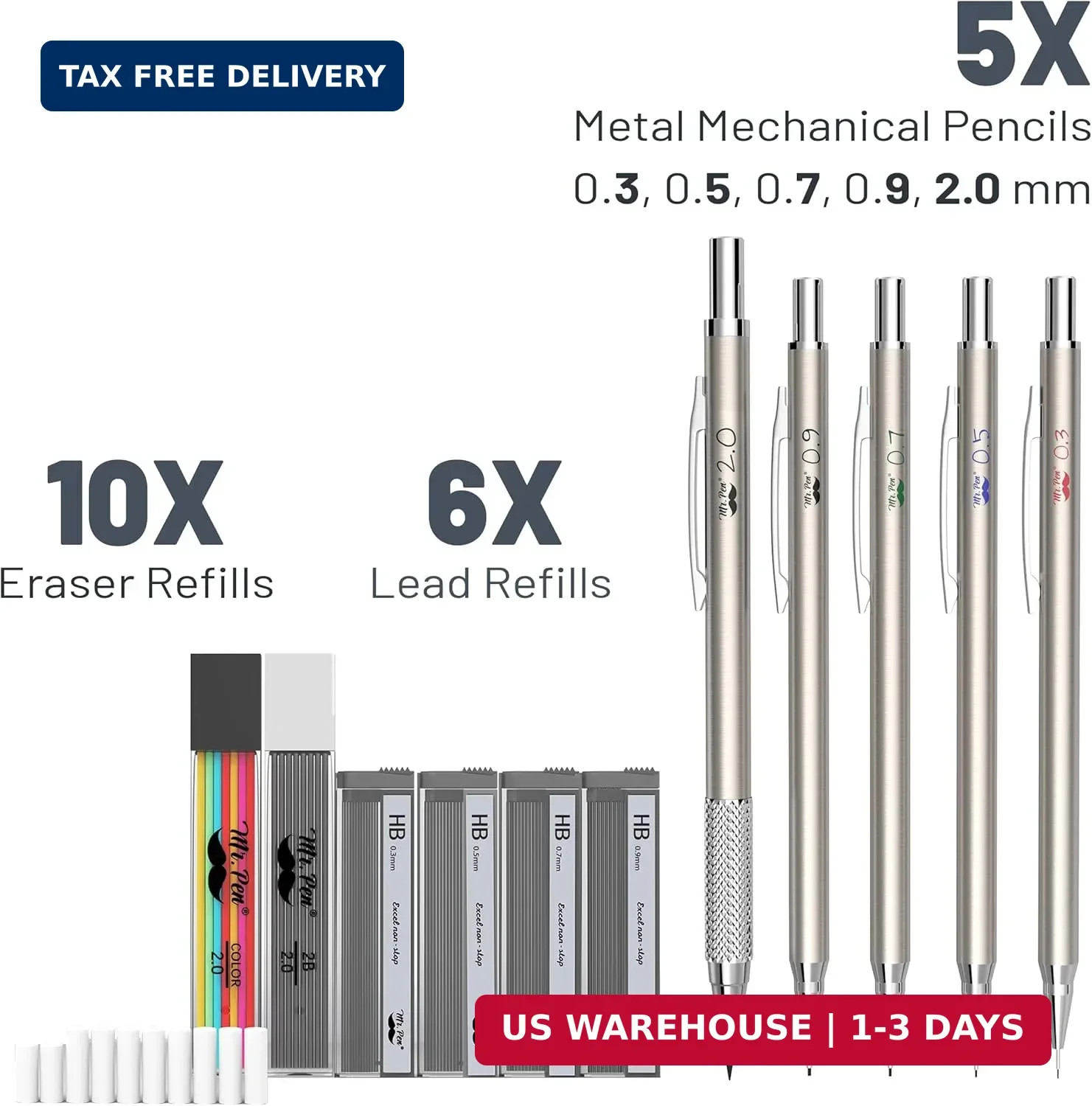 Mr. Pen- Metal Mechanical Pencil Set with Lead and Eraser Refills, 5 Sizes, 0.3,