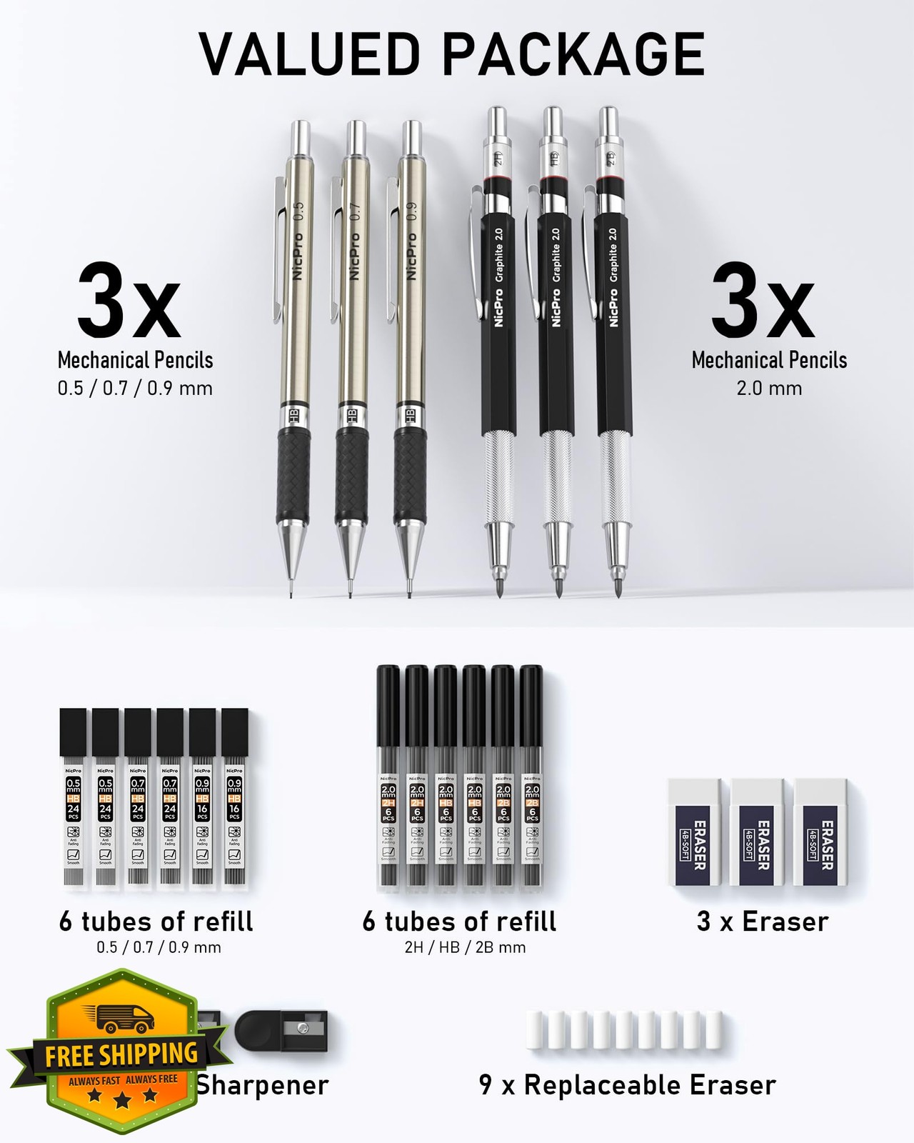 Nicpro Mechanical Pencils 0.5/0.7/0.9mm Silver