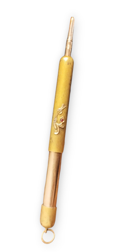 Vintage Telescopic Mechanical Pencil – Gold-Filled –Floral Relief with Red Stone