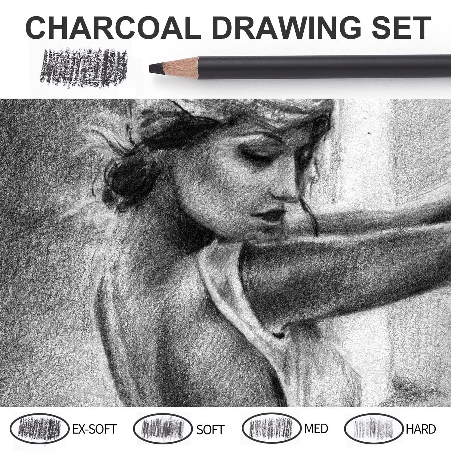 Qionew Professional Charcoal Pencils Drawing Set – 10 Pieces Super Black