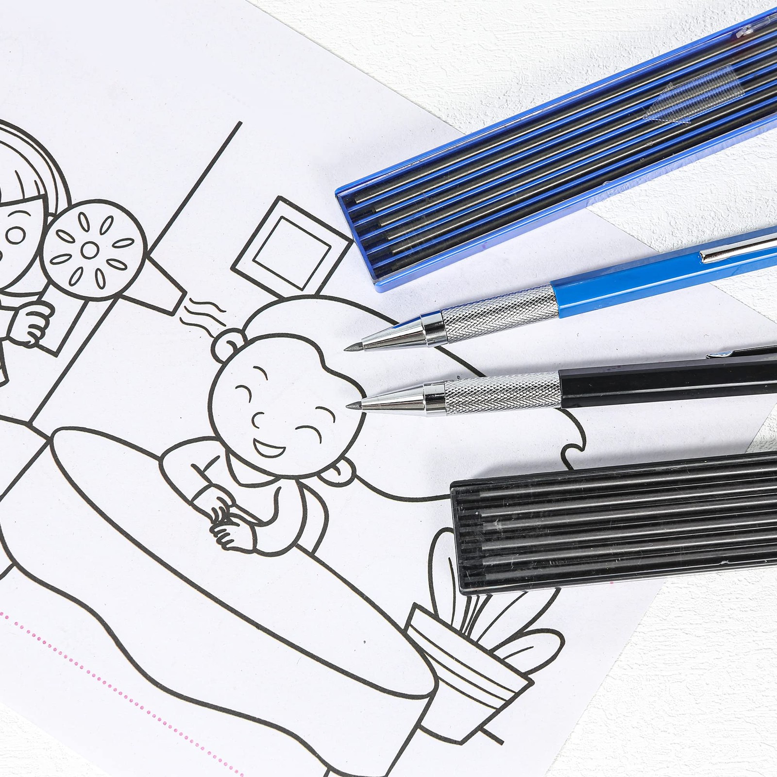 2mm Mechanical Pencil Set 2 Pcs Drafting with HB 2B Lead Refill Metal Sketching