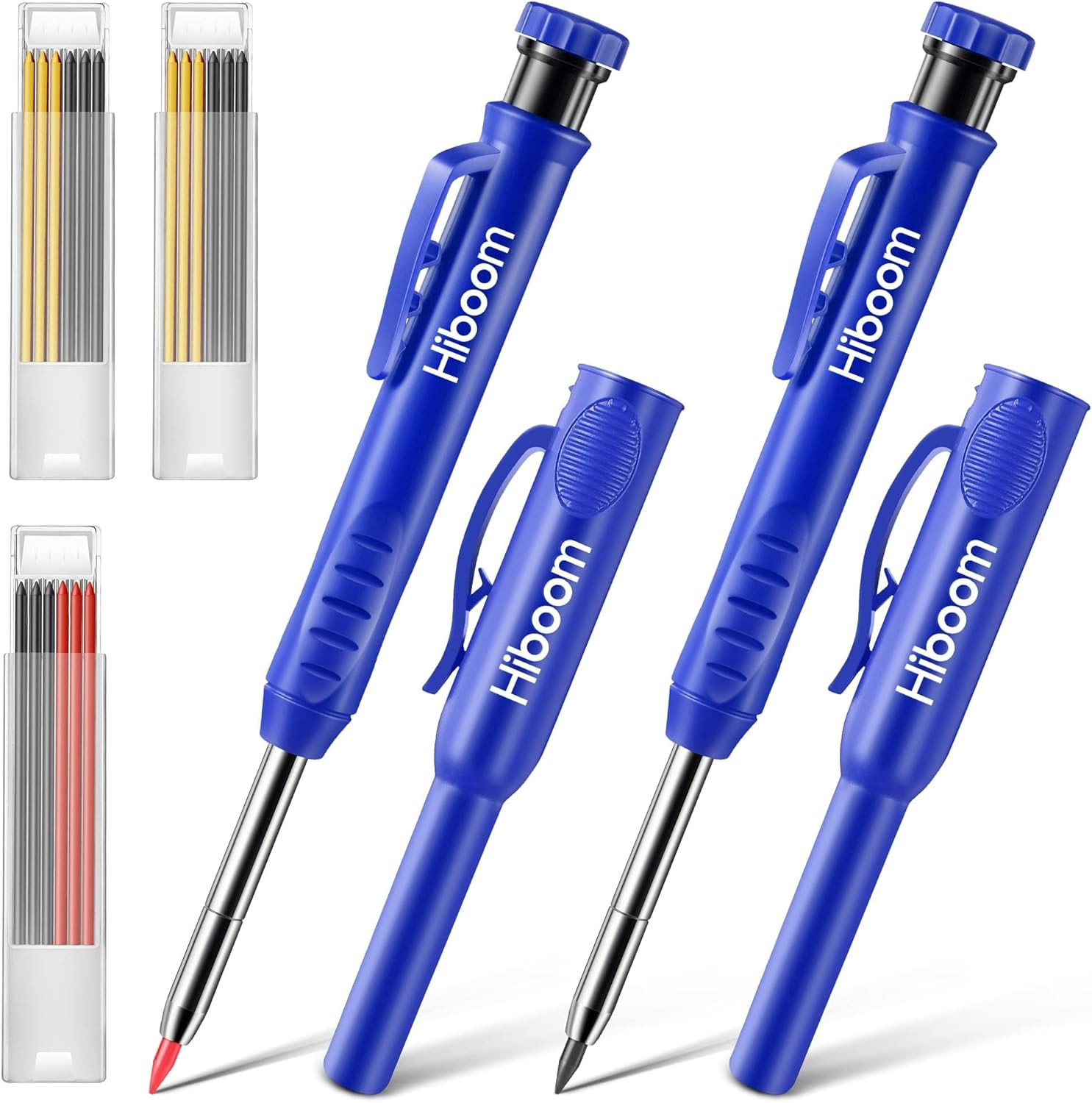 2 Pack Solid Carpenter Pencils with Pencil Cap and 18 Refills, Long Nose Deep Ho