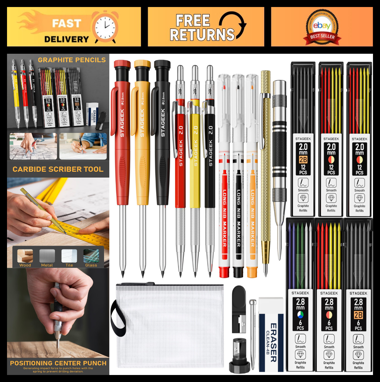 22 Pack Mechanical Carpenter Pencil Set, 60 Refills, Sharpener & Tools, Heavy Du
