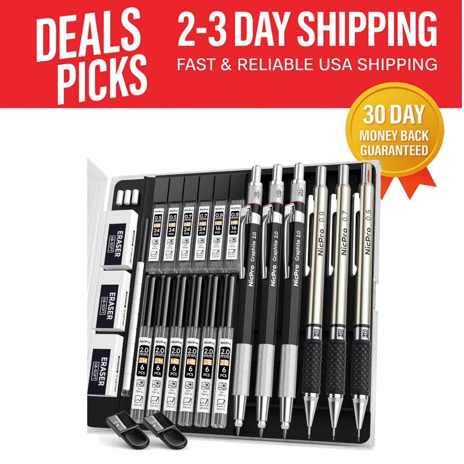 Professional 6PCS Mechanical Pencils Set – 0.5mm, 0.7mm, 0.9mm & 2mm Graphite