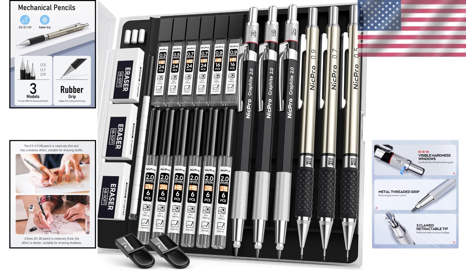 Professional 6PCS Mechanical Pencils Set – 0.5mm, 0.7mm, 0.9mm & 2mm Graphite