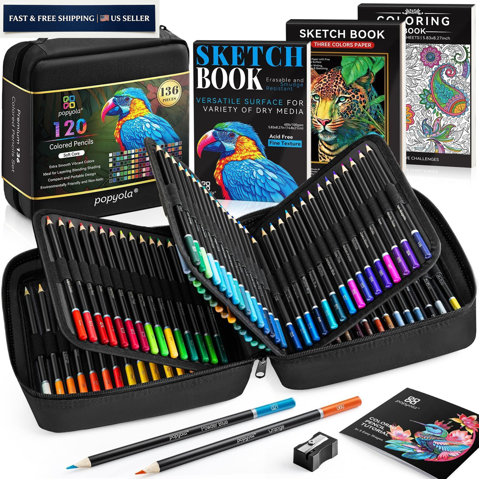 136 PCS Colored Pencils Set for Adult Coloring Books, 120 Black