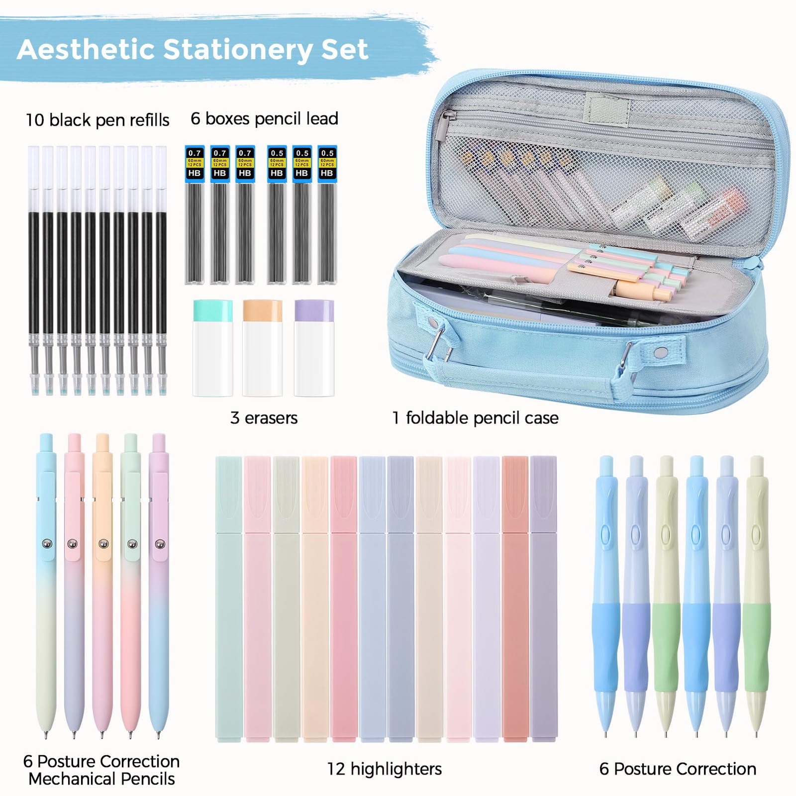 43PCS Aesthetic School Supplies Stationery Kit with Cute Pen Case 12 Pastel H…