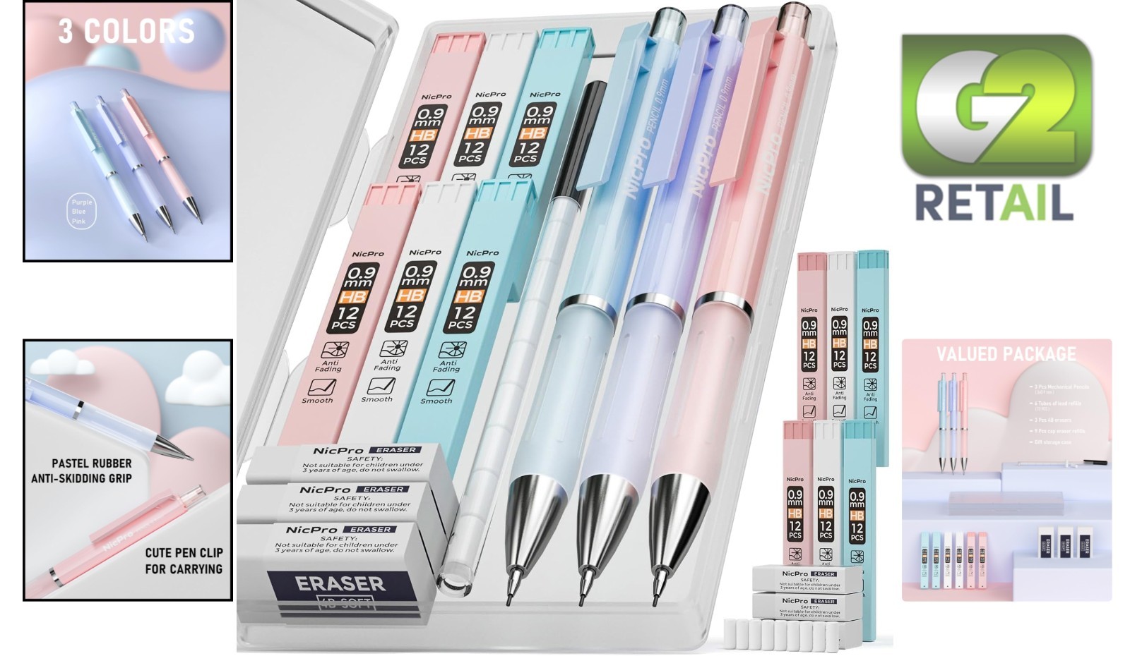 3PCS Pastel Mechanical Pencils Set – Ideal for School & Sketching, 0.9mm