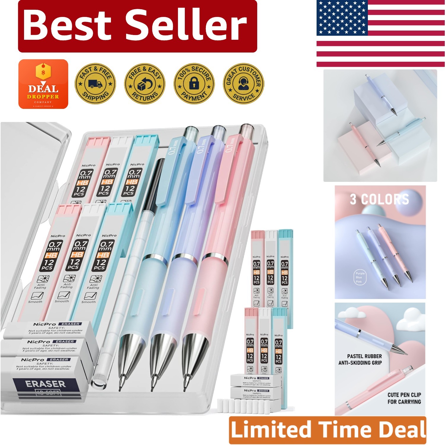 Versatile Mechanical Pencil Set: 3 Pastel Pencils, Refill & Erasers Included