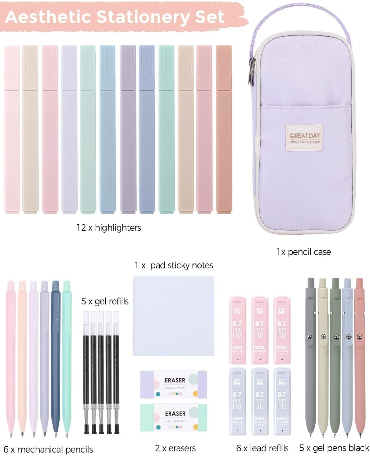 SKYDUE Cute School Supplies Kit, 38 PCS Aesthetic Stationery Set with Large Penc