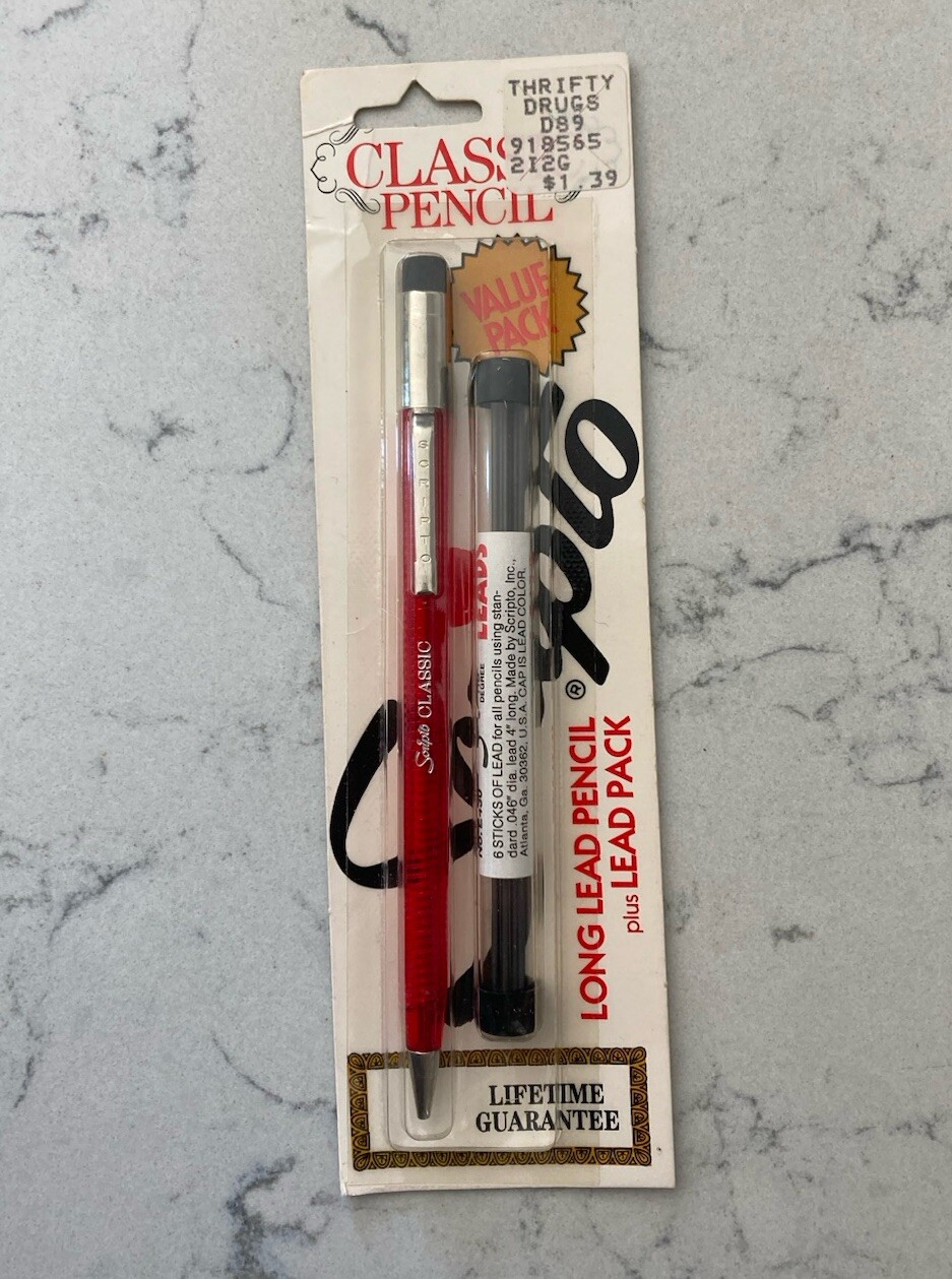 Vtg 1985 Scripto Classic Long Lead Pencil & Lead Pack B319 Red Clear Rare New