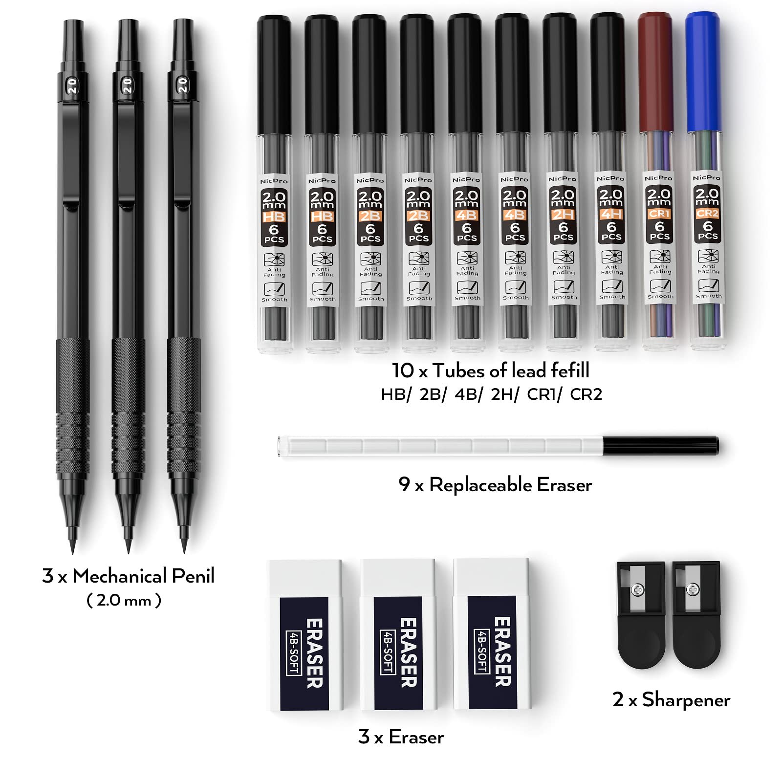 Nicpro Black Metal 2.0 Mechanical Pencil Set with mm in black,