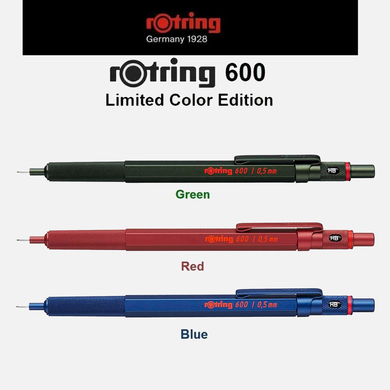 Rotring 600 Mechanical Pencils 0.5 Hexagonal Knurled Grip New In Boxes 3 Pencils