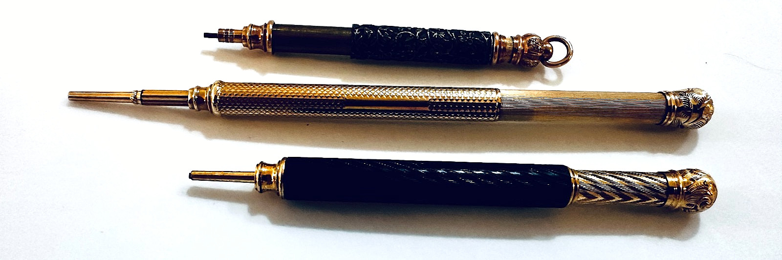 3 ANTIQUE VICTORIAN RETRACTABLE 2 MINI 9K GOLD & ONE GOLD FILL MACHANICAL PENCIL