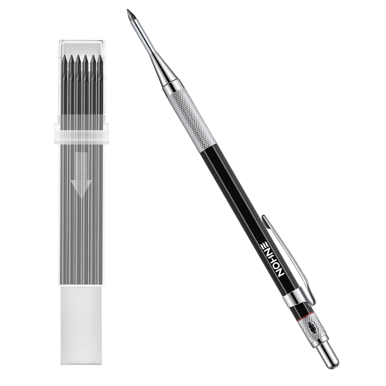 Enhon 2mm Mechanical Carpenter Pencil Set with 12 Marker Refills and Black