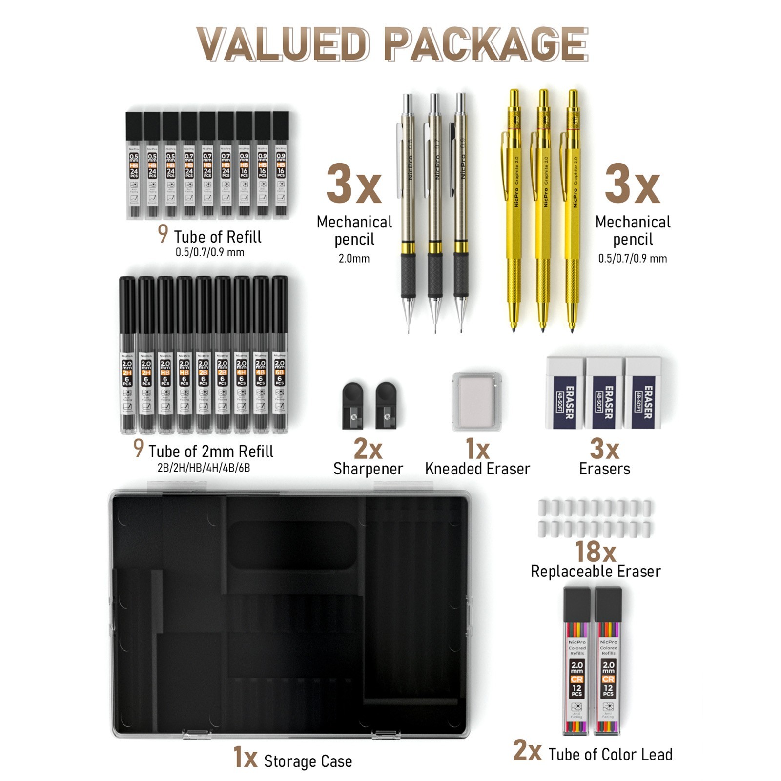 Nicpro 35PCS Gold Pencil Set: 0.5/0.7/0.9mm + 2mm Holders (6B-6H) + Case