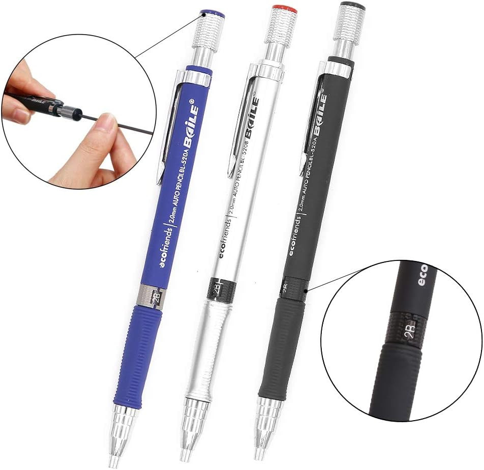 3 Pcs 2.0mm 2B Mechanical Pencils with Lead Refills Blue Black Silver New