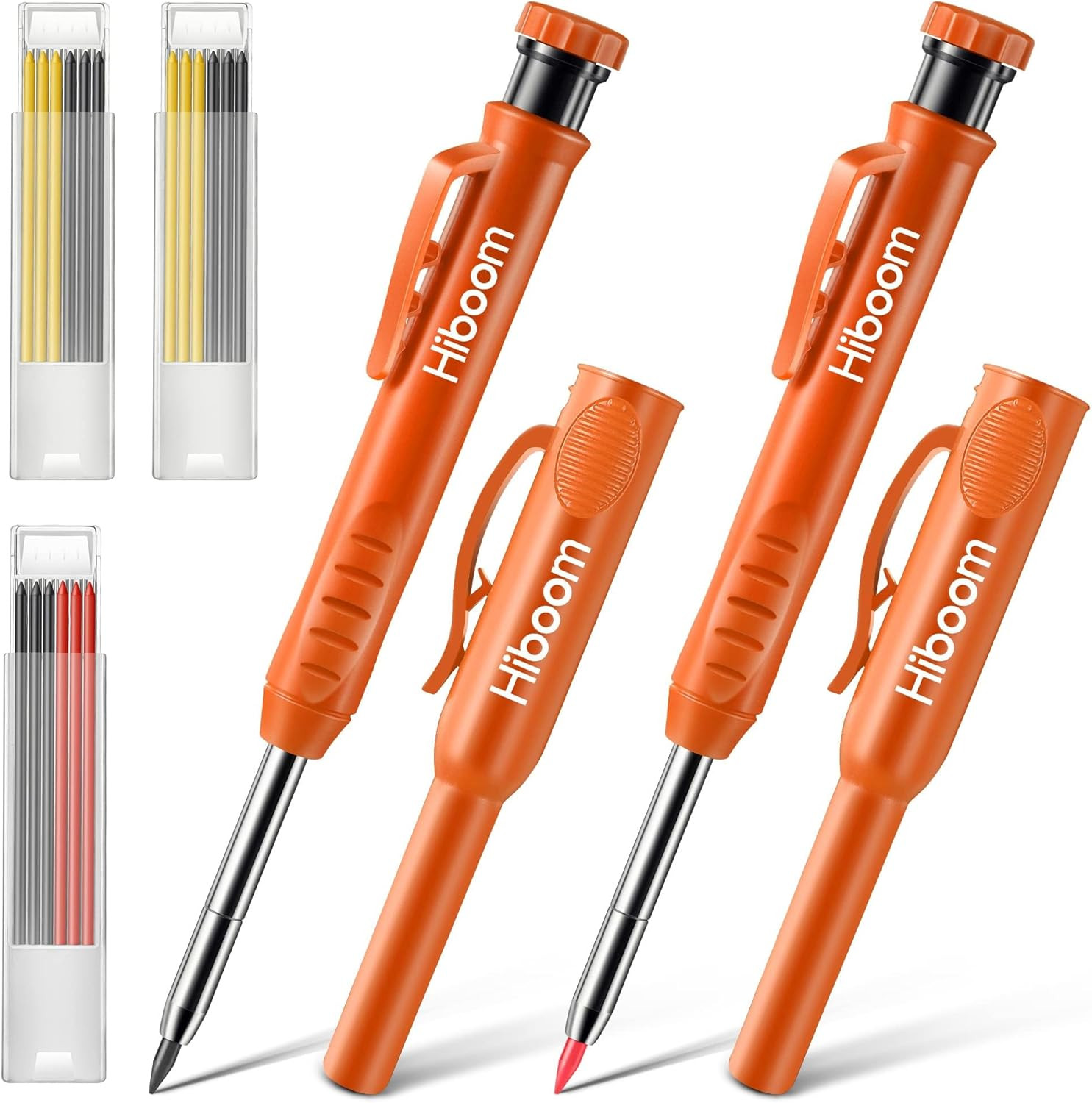 2 Pack Solid Carpenter Pencils with Pencil Cap and 18 Refills, Long Nose Deep Ho