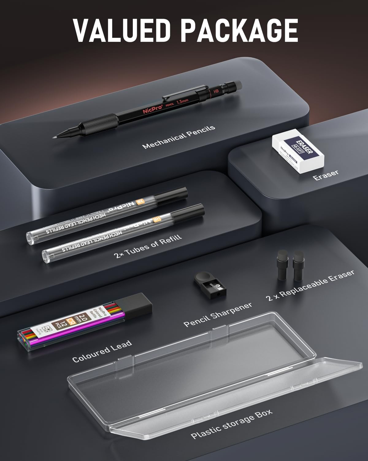 2mm Mechanical Pencils Set with Case, 12 Black & Colored Lead Refills, Erasers –