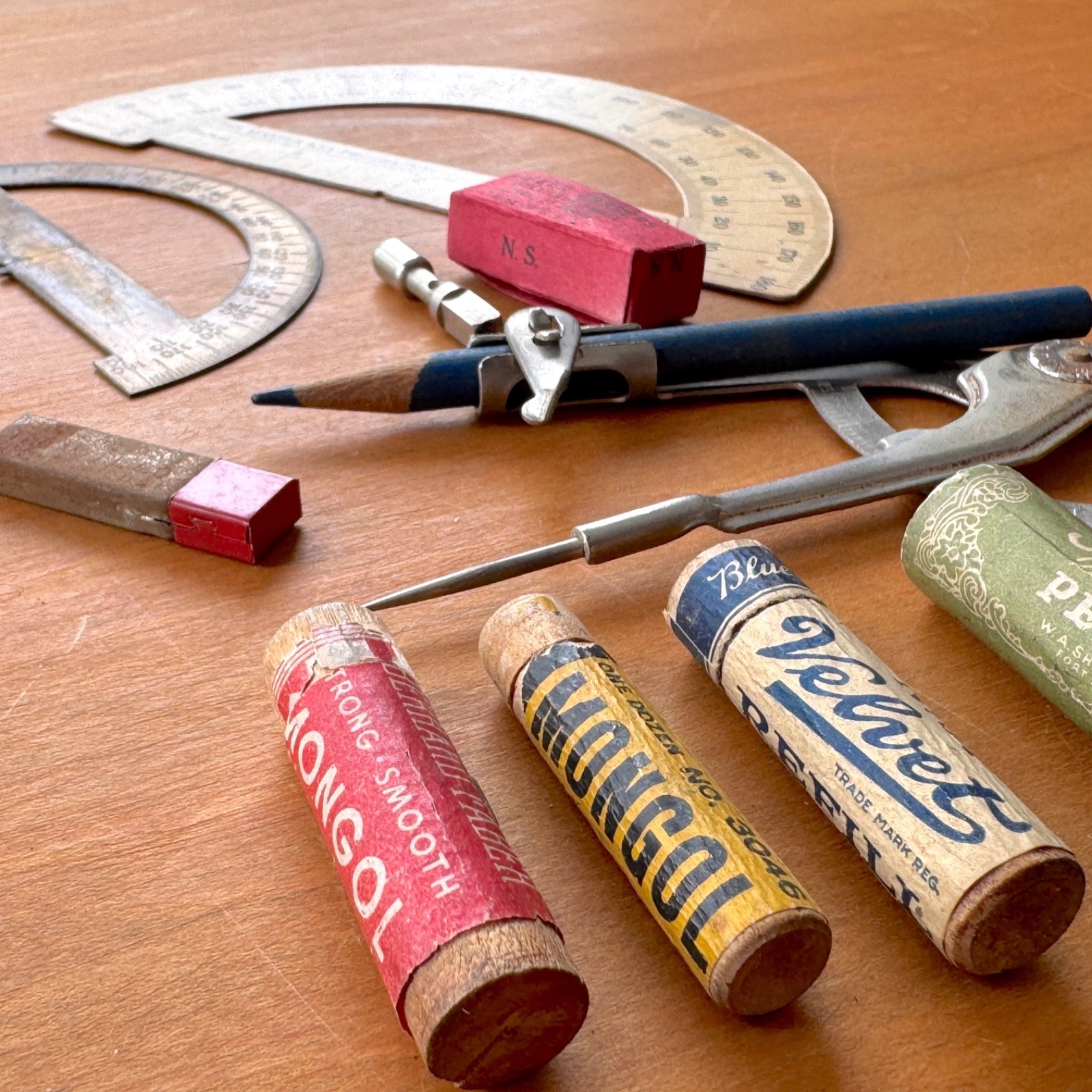 Vintage Office Pencil Lead Refills w/ Drafting Tools, Protractor, Compass