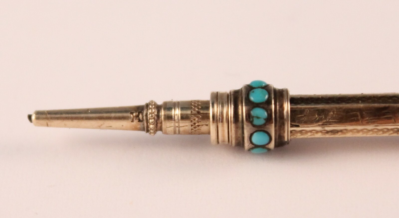 Victorian 9K Gold Ornate Retractable Pencil with Amethyst and Turquoise Stone