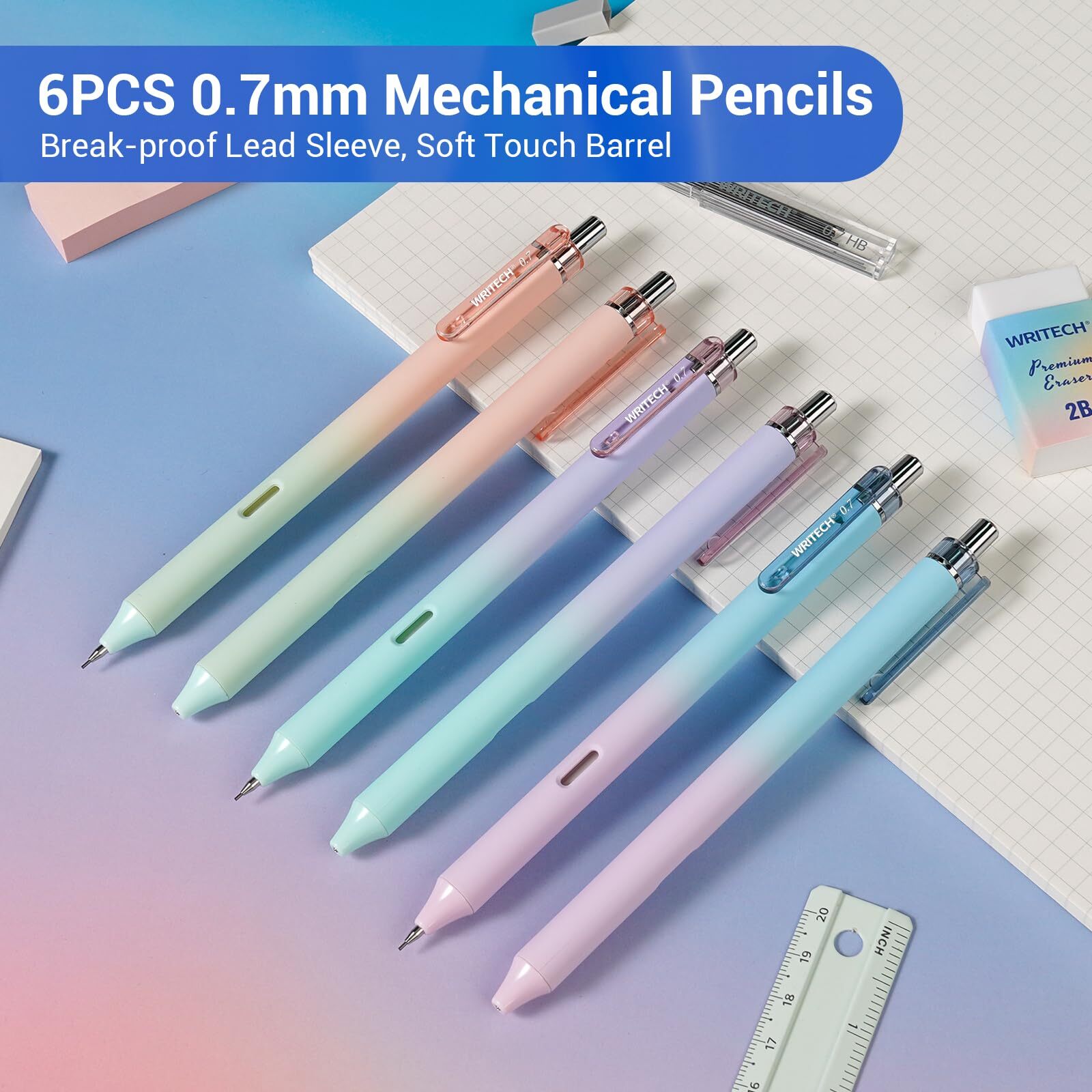 Up Mechanical Pencil Set 0.7mm 6 Gradient Barrels HB Lead Refills Erasers