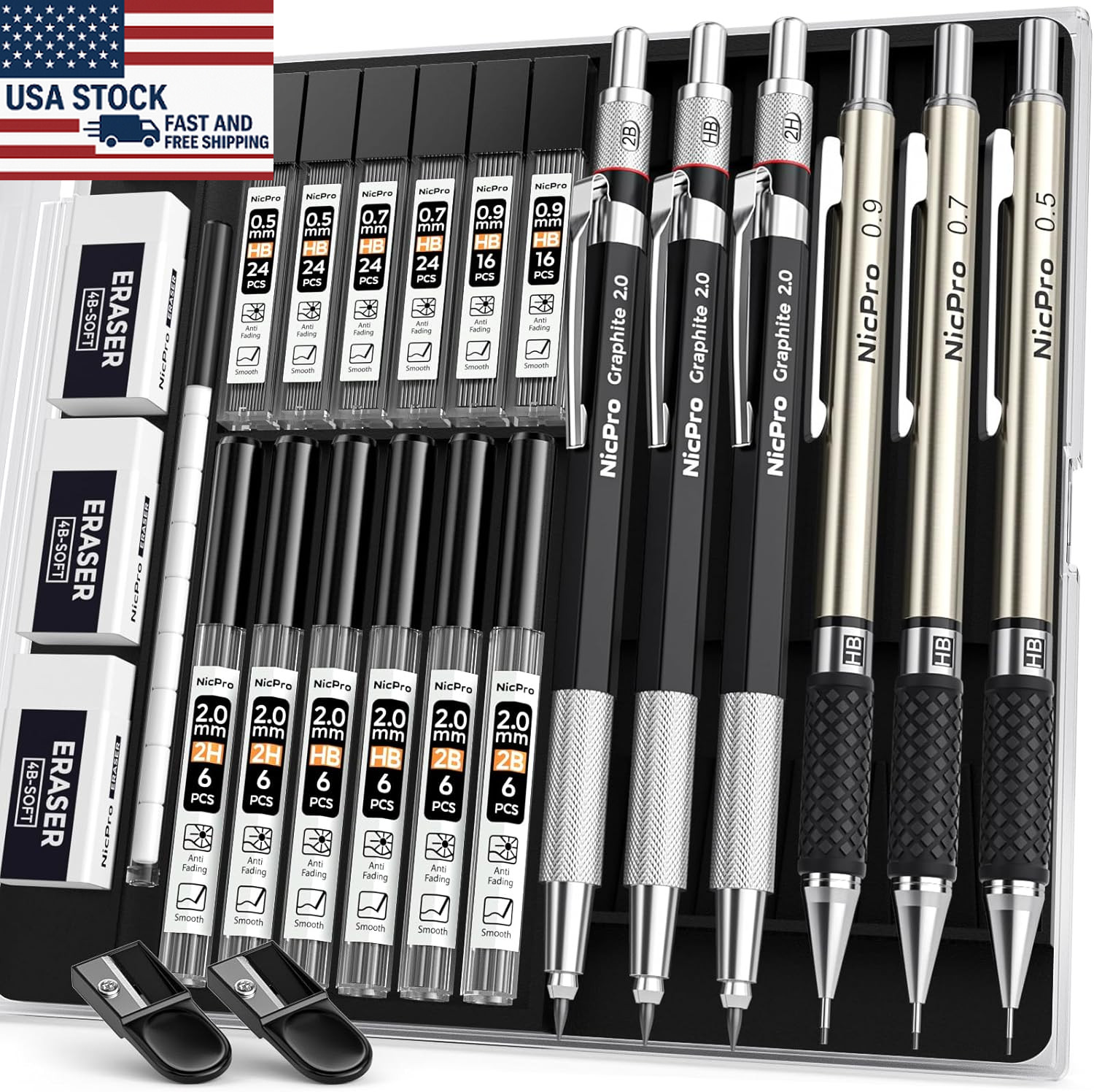 6PCS Art Mechanical Pencil Set Drafting Pencil Graphite Lead Holder Case