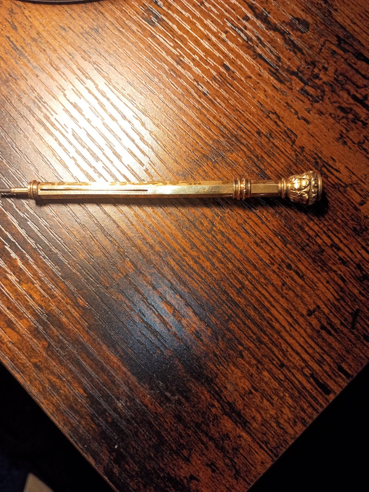 Gold Tone Retractable Mechanical Pencil with Red/Pink Gemstone Finial