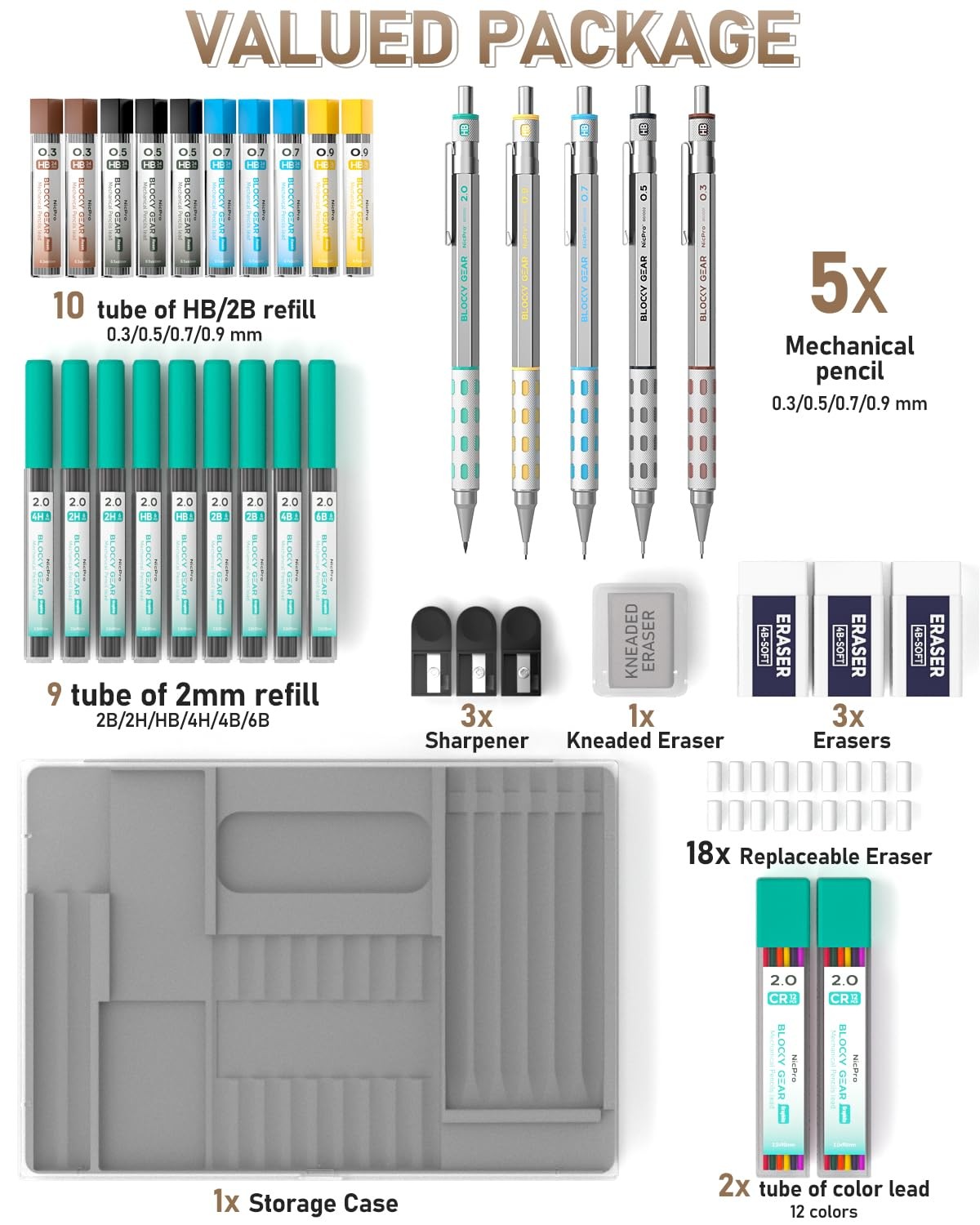 Nicpro 36PCS Blocky Gear Mechanical Pencil Set 1 Count (Pack of 36), Black