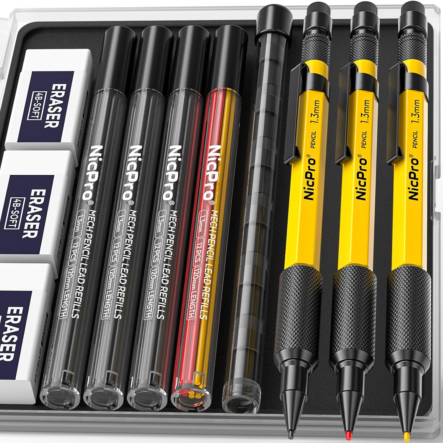 Nicpro 3 PCS 1.3 Mm Mechanical Pencil Set with 48 Lead Refills, 3 Eraser – Weath