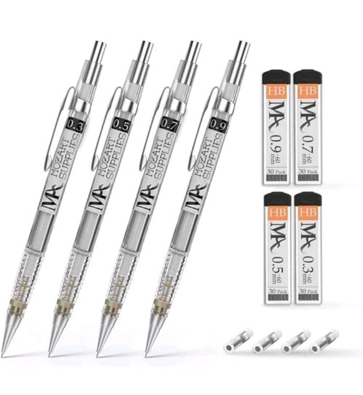 MozArt Supplies® Mechanical Pencil Set – 4 Sizes: 0.3, 0.5, 0.7 & 0.9mm + Refill