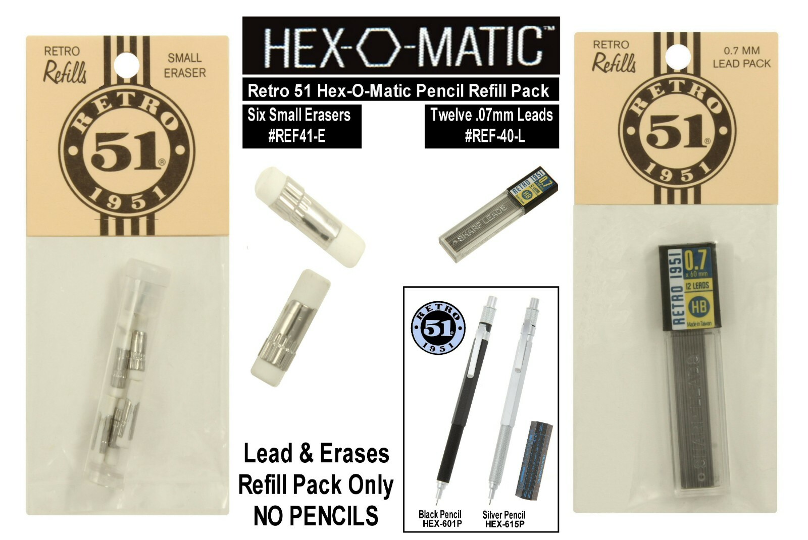 Retro 51 Hex-O-Matic Pencil Refill Pack / 6 Pack of Erasers & 12 Lead Refills