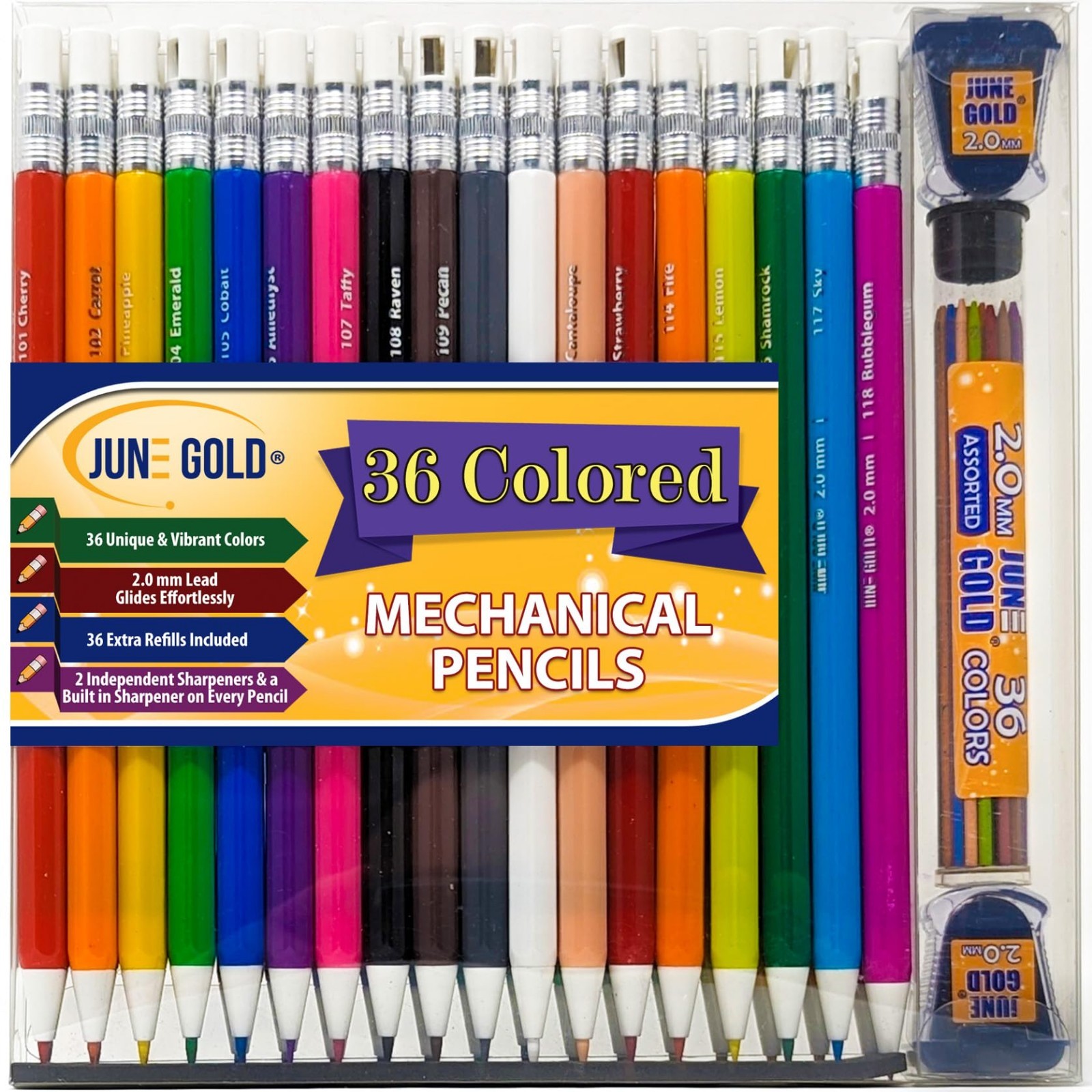 Assorted 36 Colored Mechanical Pencils 2.0mm with Refills & Sharpeners – Unique