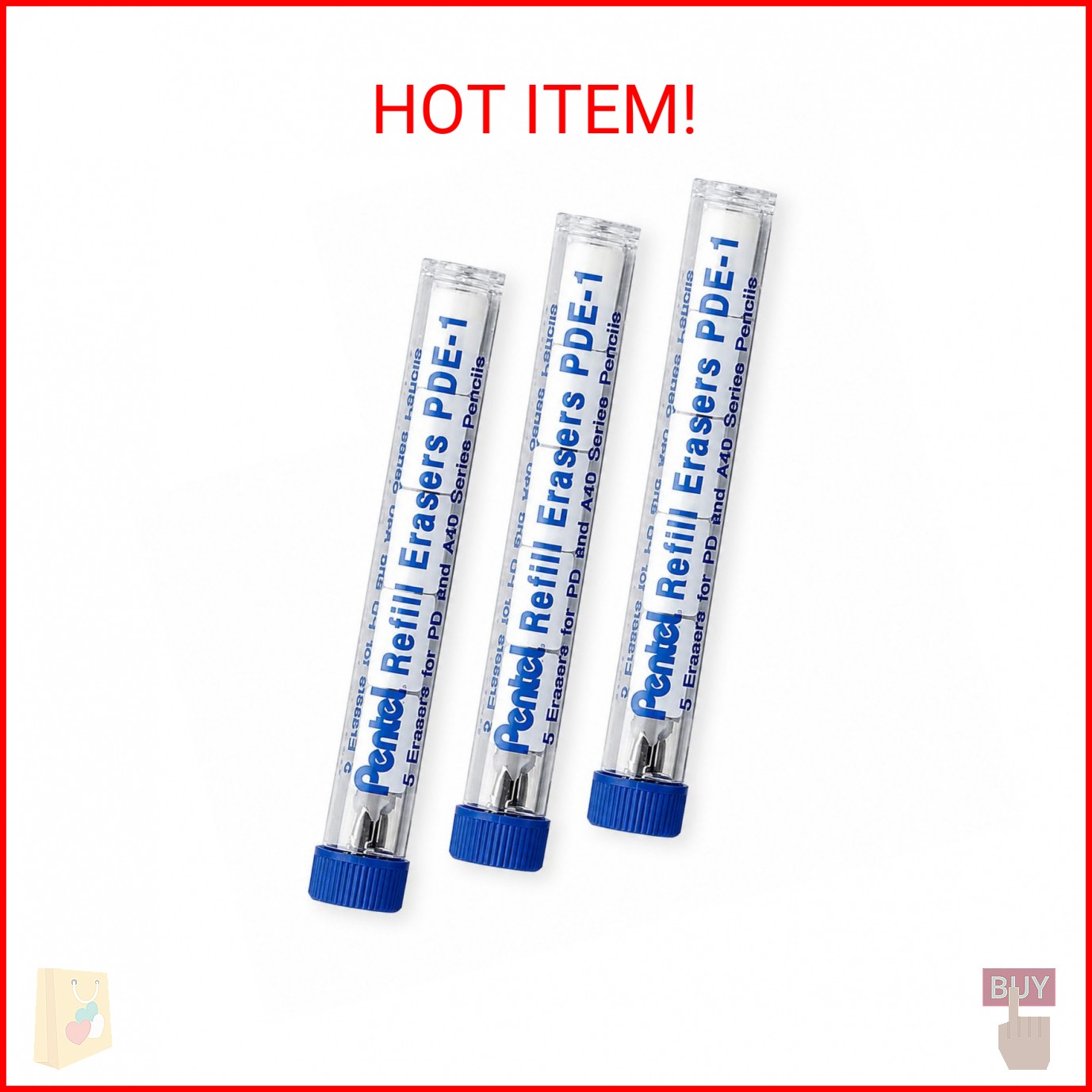 Pentel Refill Eraser for AL, AX and PD Series Pencils 5 pcs/Tube, 3 Pack