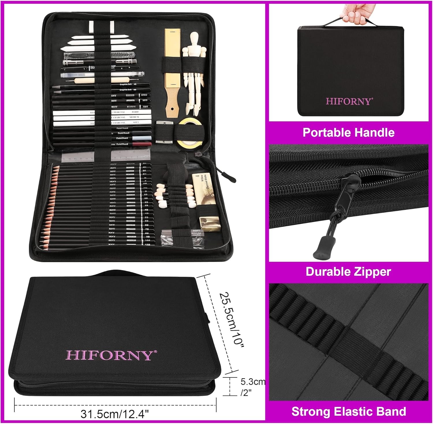 HIFORNY 70 Pcs Drawing Set Sketching Kit – Sketch Pencils Art Supplies Black