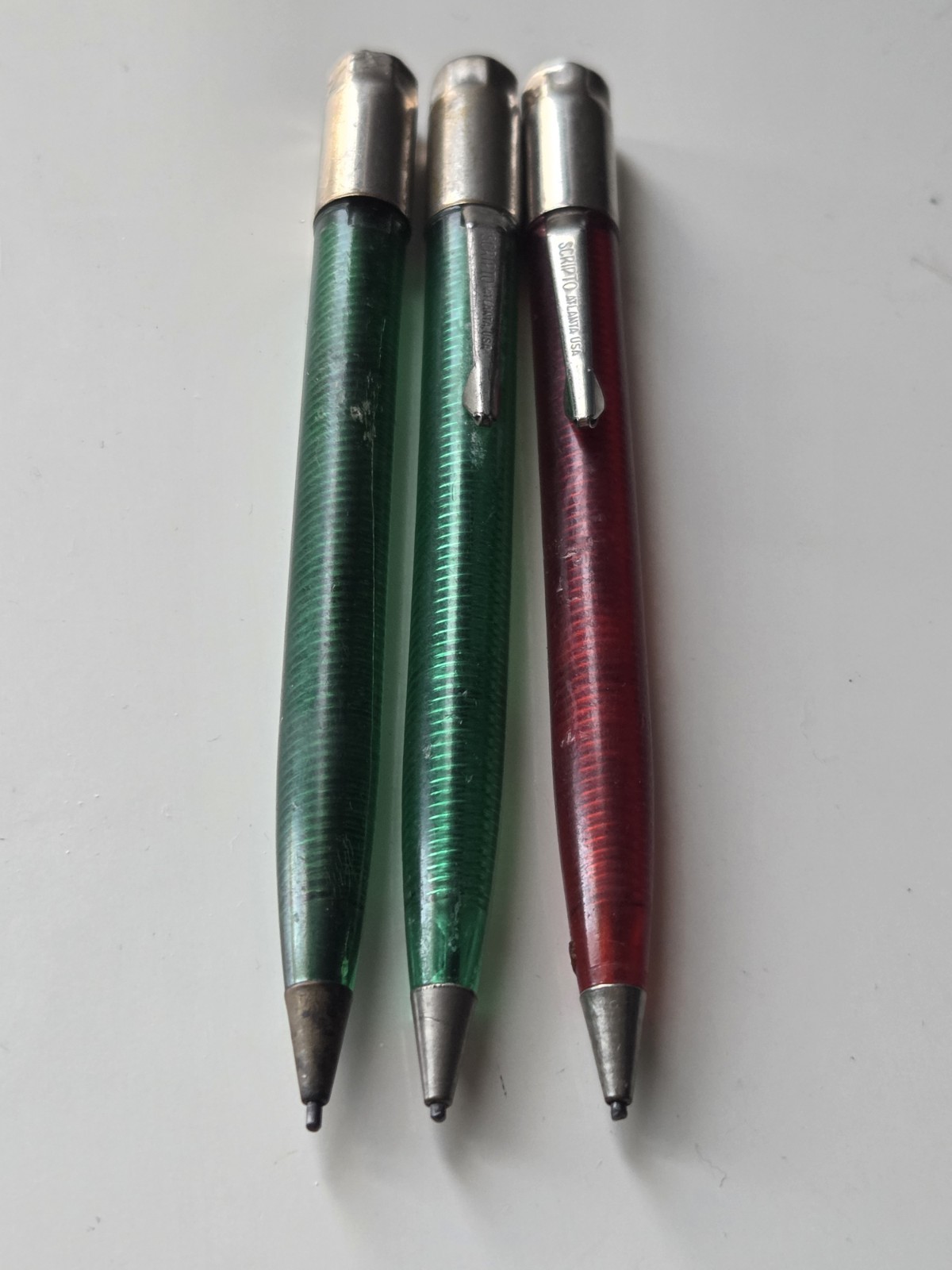 Vintage Scripto Red & Green Translucent Twist Mini 4″ Mechanical Pencil Lot Of 3