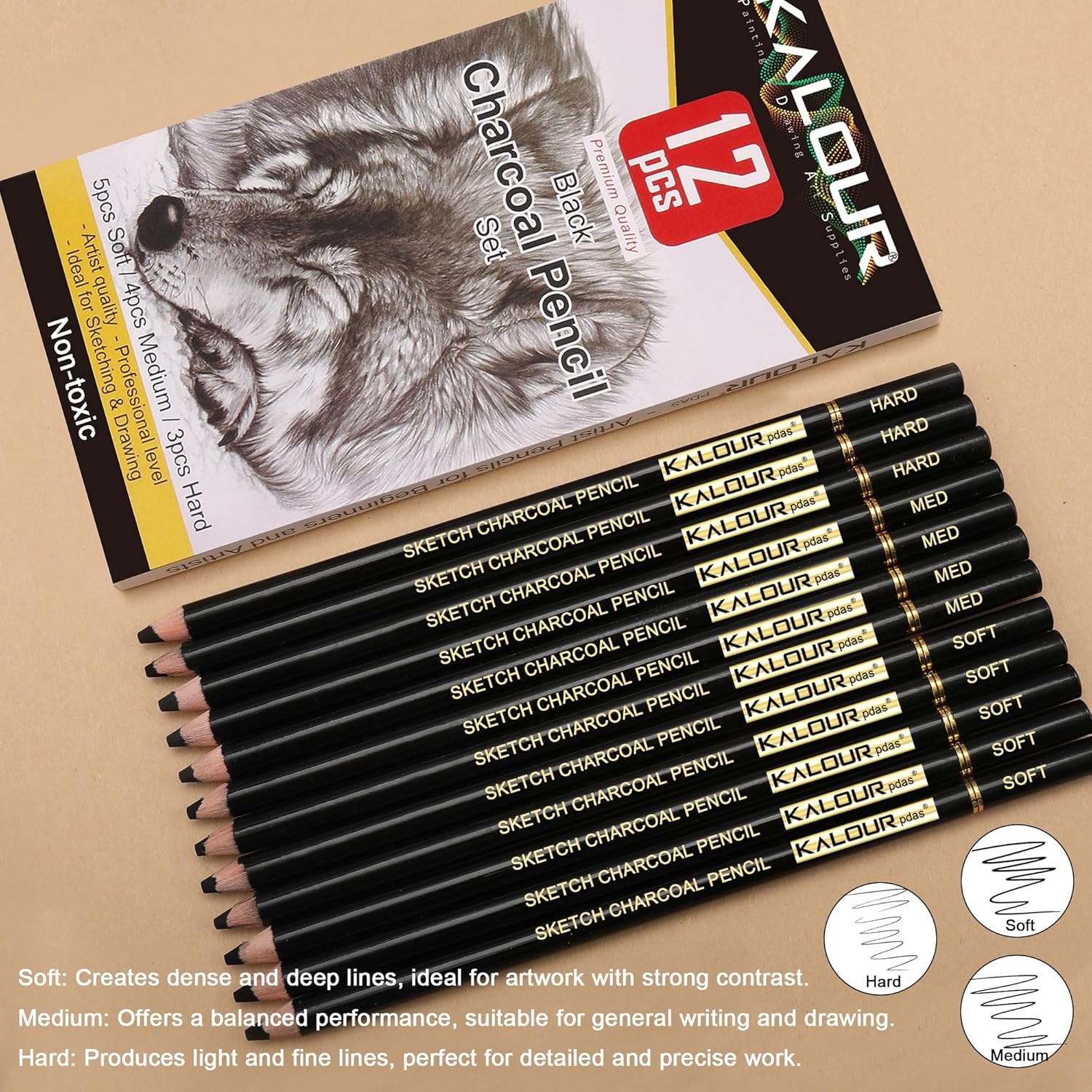 KALOUR Professional Charcoal Pencils Drawing Set 1 Count (Pack of 12), Black